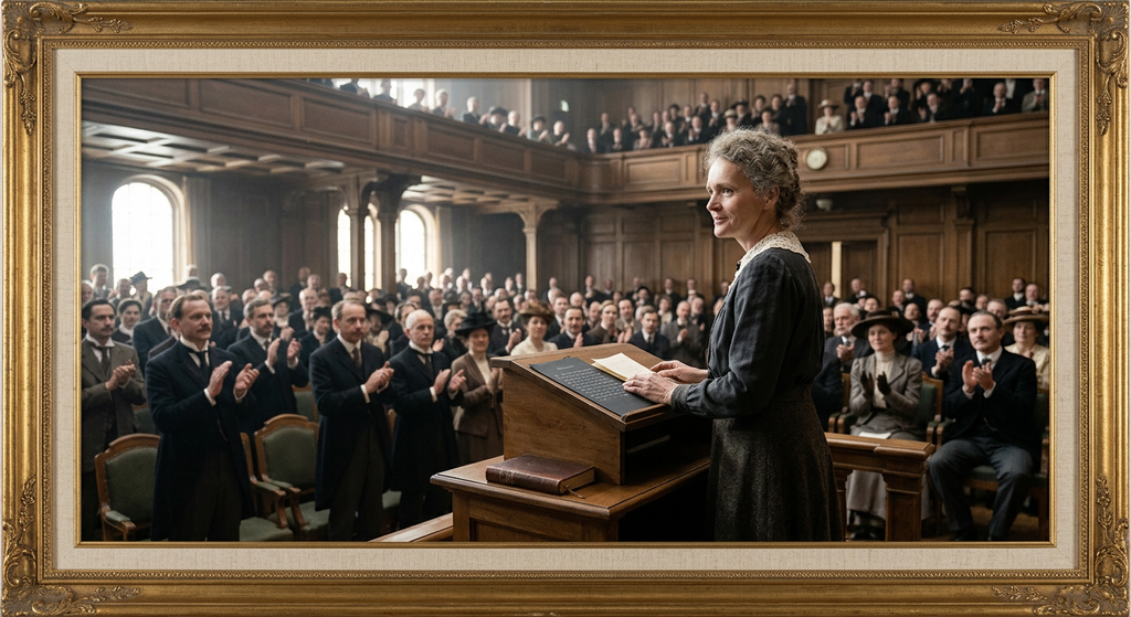 Marie Curie stands alone at a wooden lectern before an applauding audience in Stockholm.