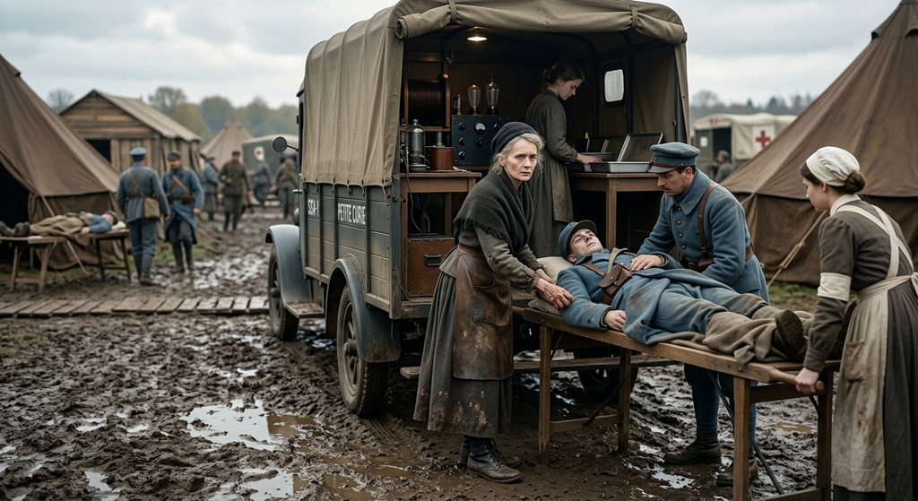 Marie Curie stands beside a mobile X-ray van parked at a muddy First World War field hospital.