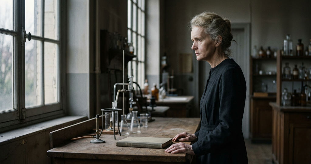 A closed notebook rests on an empty laboratory bench at dusk in the 1930s.