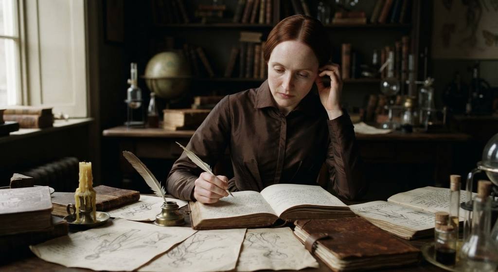 Mary Shelley examines anatomical sketches and chemical apparatus on a desk in a dark study.