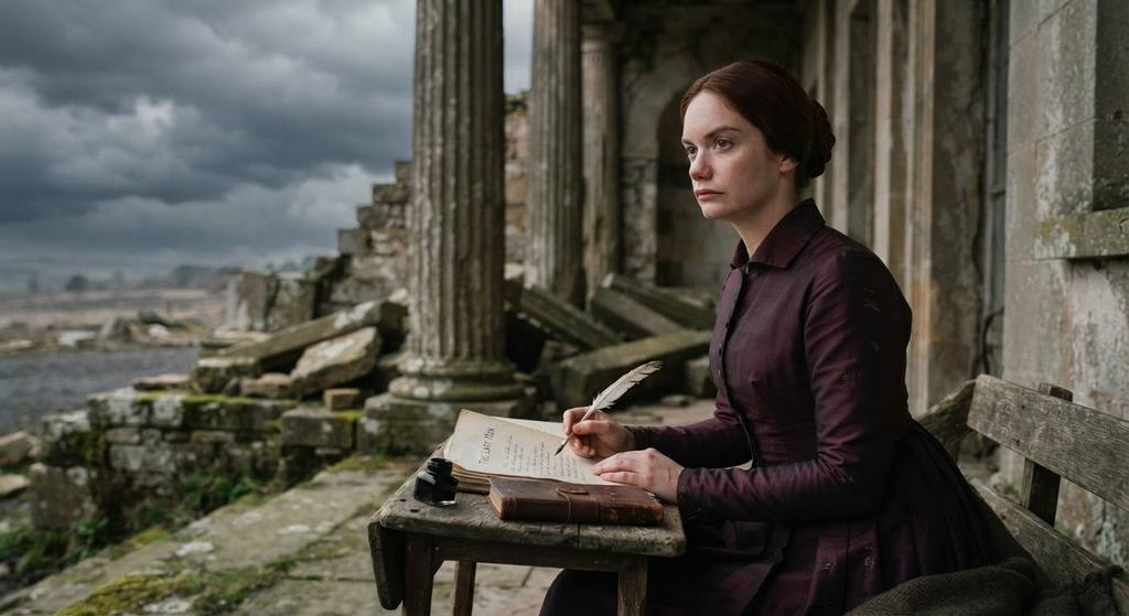 Mary Shelley stands before an abandoned stone portico under dark, ominous storm clouds.