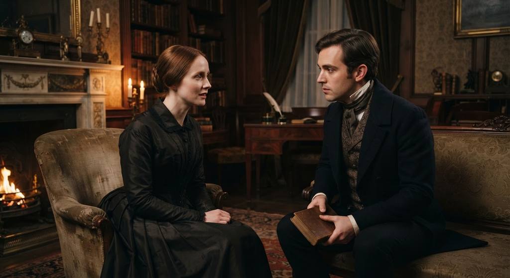 Mary Shelley sits in a quiet drawing room, engaged in a soft-spoken conversation by a fireplace.