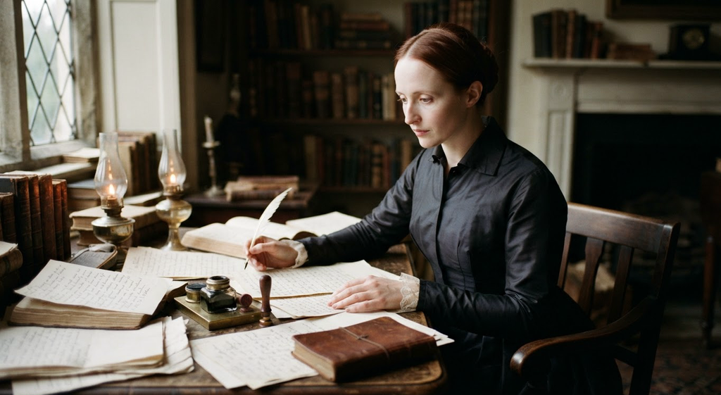 Mary Shelley reviews handwritten poetry manuscripts with a quill and inkwell on a wooden desk.