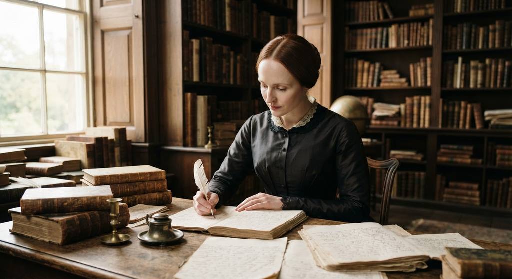 Mary Shelley sits in a sunlit private library surrounded by stacks of leather-bound history books.