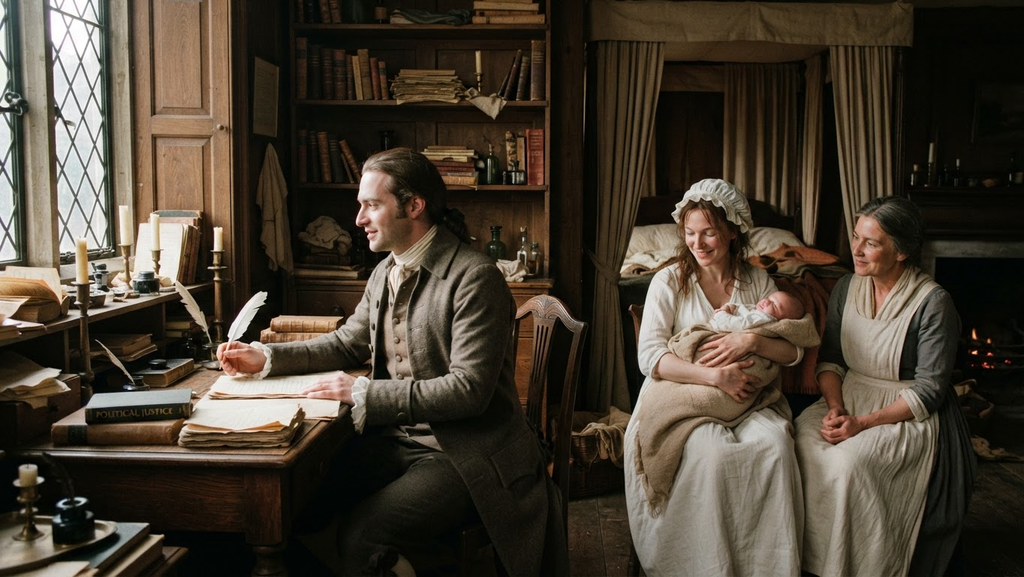 William Godwin sits at a desk in a warm, dimly lit London townhouse while a newborn baby rests in a cradle nearby.