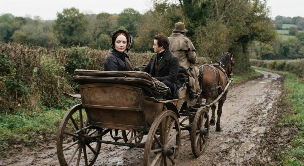 Mary Shelley sits inside a wooden carriage traveling along a muddy, rural French road.