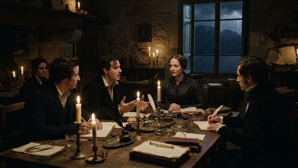 Silhouettes of writers gather in a candlelit salon overlooking a stormy Lake Geneva.