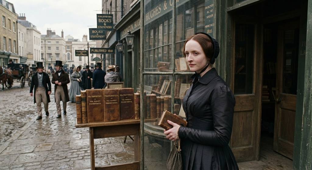 Three leather-bound volumes of Frankenstein are displayed in an early 19th-century bookstore window.