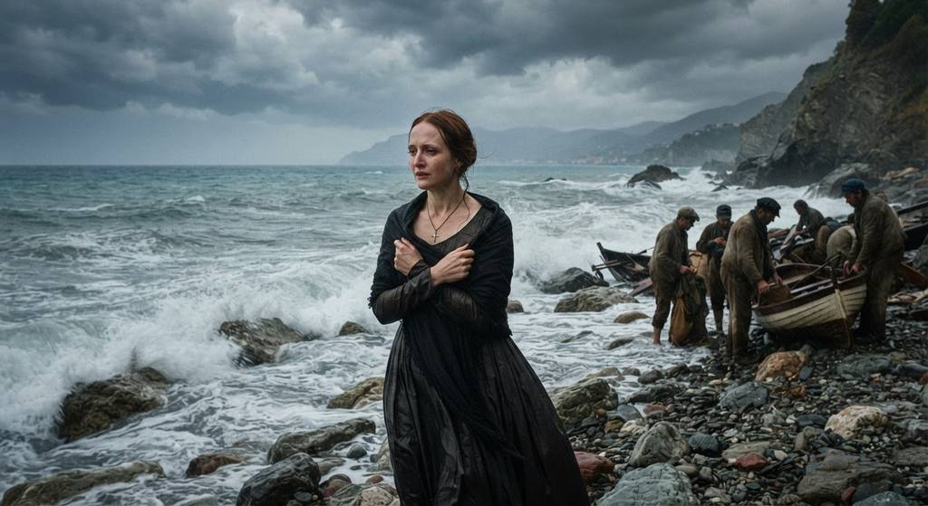 Mary Shelley stands on a rocky, storm-swept beach in La Spezia as waves break against the shore.