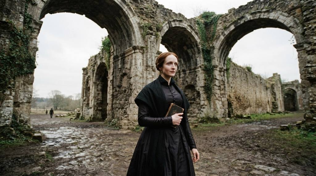 Mary Shelley walks slowly through ruined classical stone archways under a pale, overcast sky.