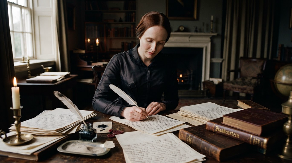 Mary Shelley works at a mahogany desk covered in handwritten manuscripts, inkwells, and books.
