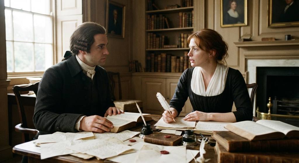 A man and woman sit opposite each other at a desk in a sunlit parlor, surrounded by correspondence.