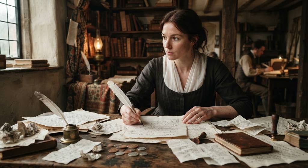 An ink-stained writing table is scattered with publisher receipts, coins, and drafted pages of political treatises.