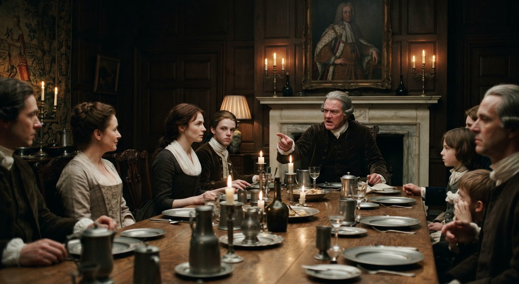 A portrait of an aristocratic ruler hangs above a grand dining table where a patriarch commands his household.