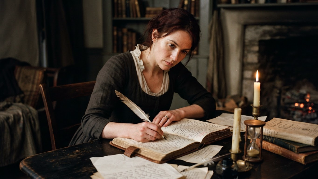 A mahogany desk holds an hourglass, open journals, and political treatises under the light of a tallow candle.