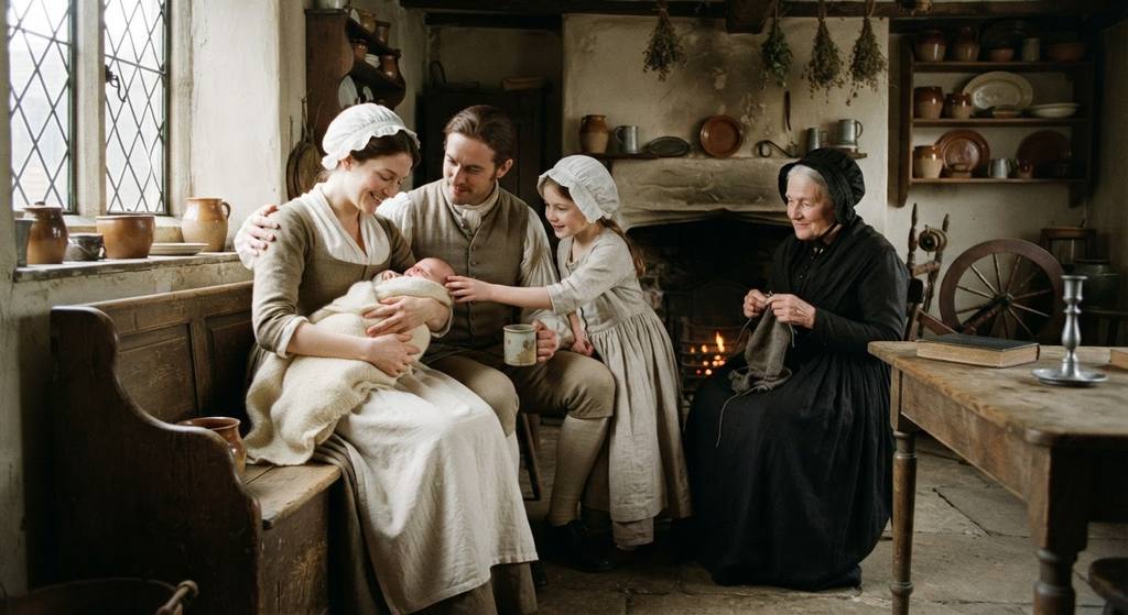 A newborn infant is held by family members on a sunlit 18th-century London street with brick houses and carriages.