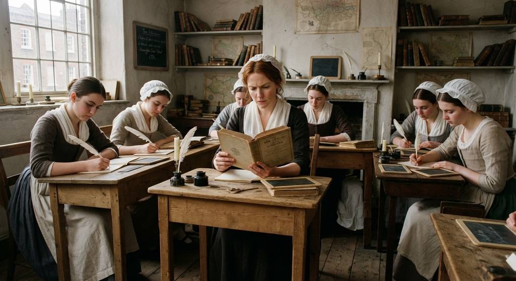 Mary Wollstonecraft stands in a schoolroom as young women read from quill-penned manuscripts at wooden desks.