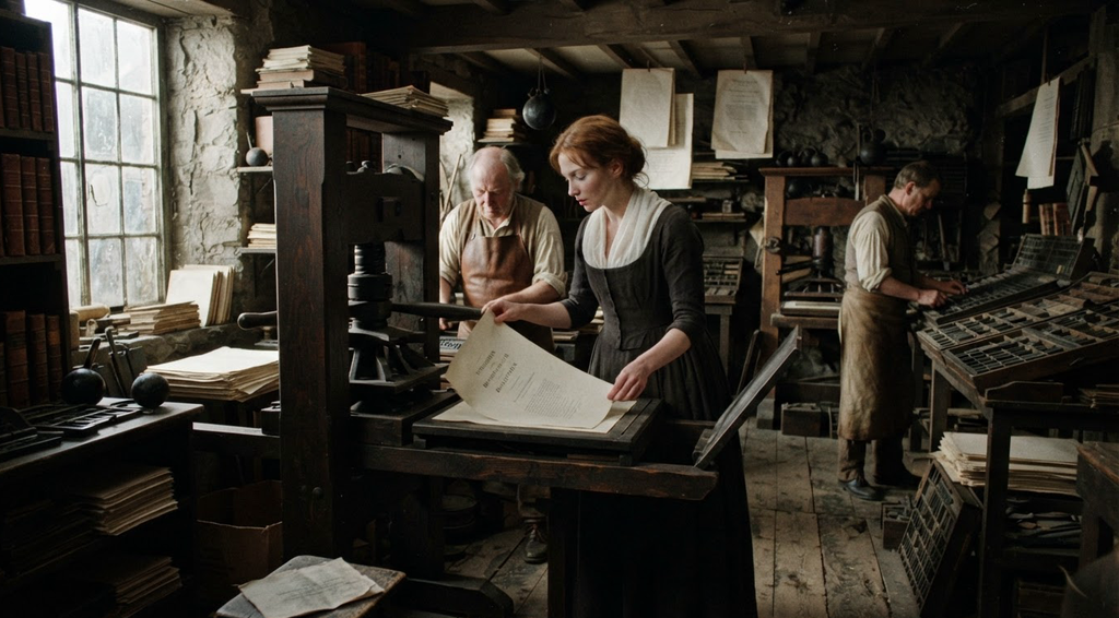 Mary Wollstonecraft works in a London print shop surrounded by heavy presses and stacks of leather-bound books.