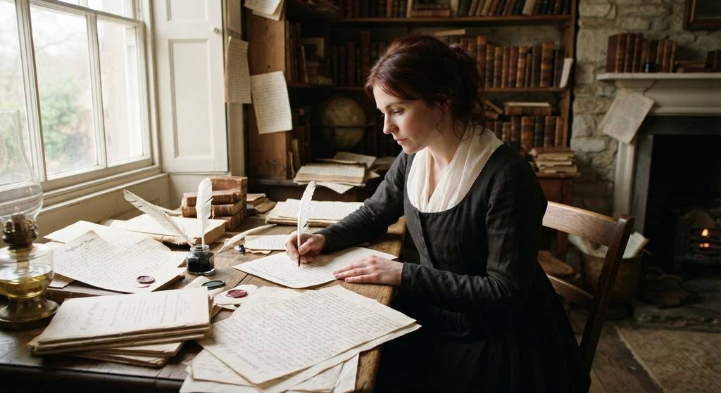 Mary Wollstonecraft sits at a desk in a sunlit study surrounded by political pamphlets and handwritten pages.