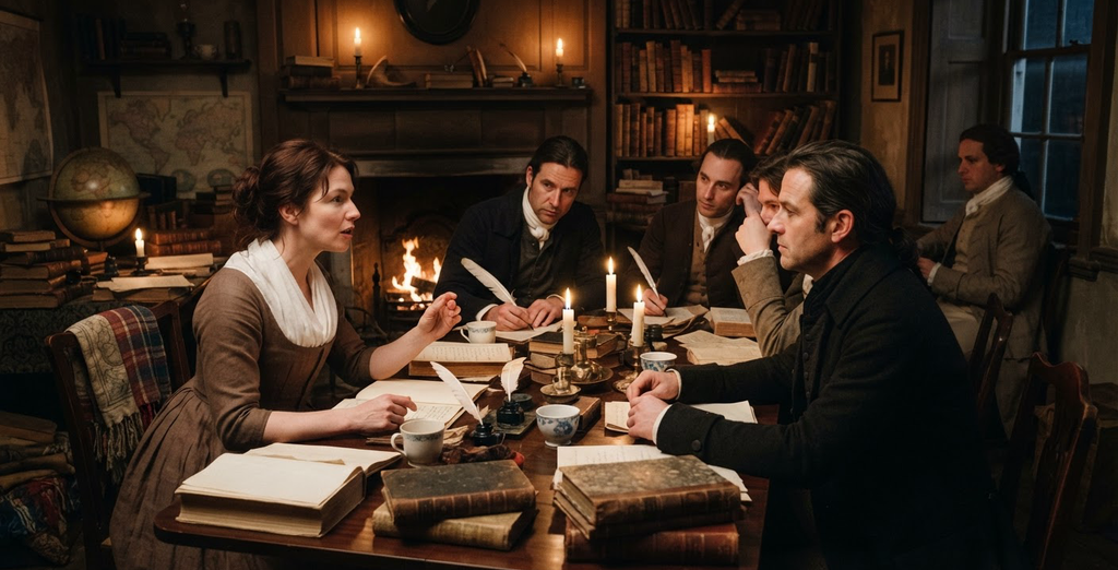 Mary Wollstonecraft engages in a lively philosophical debate with thinkers around a mahogany table in a parlor.