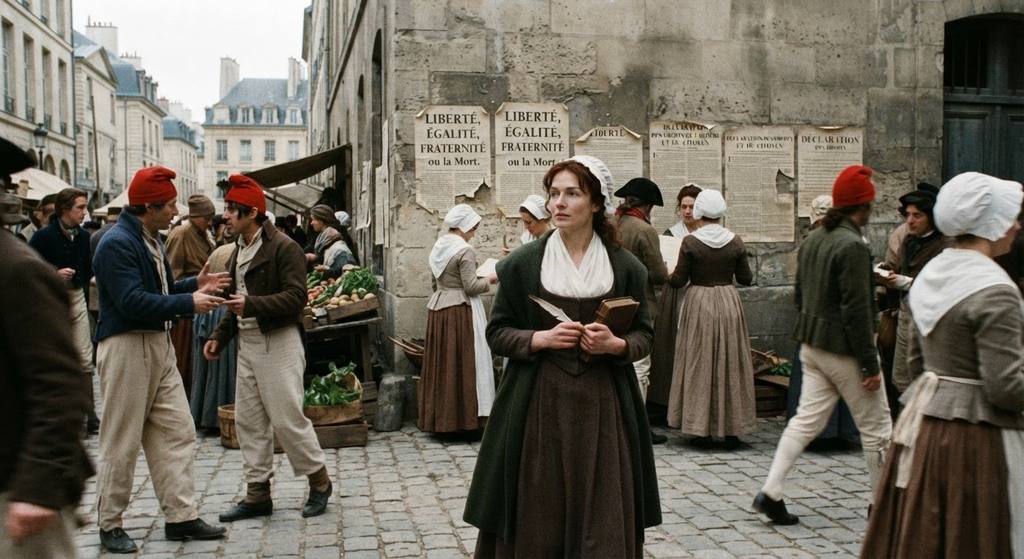 Mary Wollstonecraft observes a bustling Parisian square with revolutionary flyers posted on stone walls.