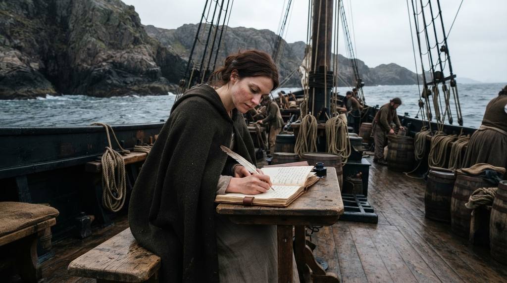 Mary Wollstonecraft, wearing a heavy cloak, writes in a journal aboard a ship off a rugged Scandinavian coastline.
