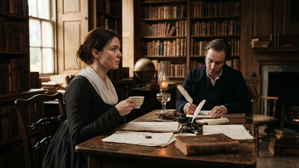 Mary Wollstonecraft sits in a quiet London townhouse library filled with bookshelves and the glow of oil lamps.