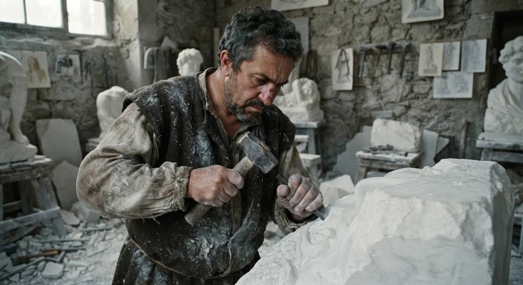 Michelangelo holds a hammer and chisel while working on a large block of white marble.