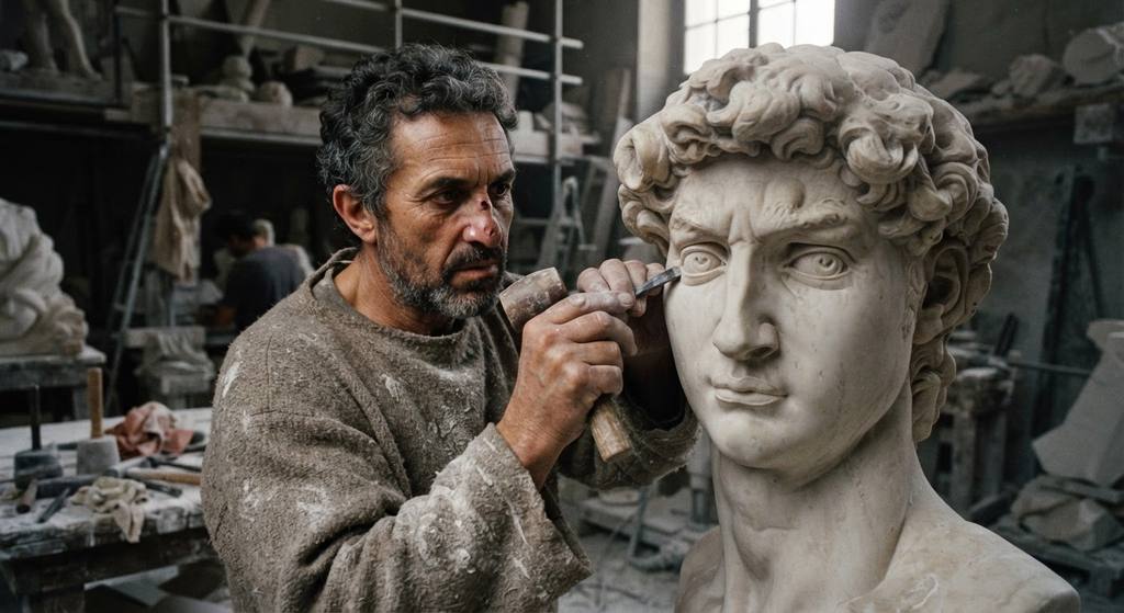 A close-up view of the carved marble eyes and neck muscles of the David statue.