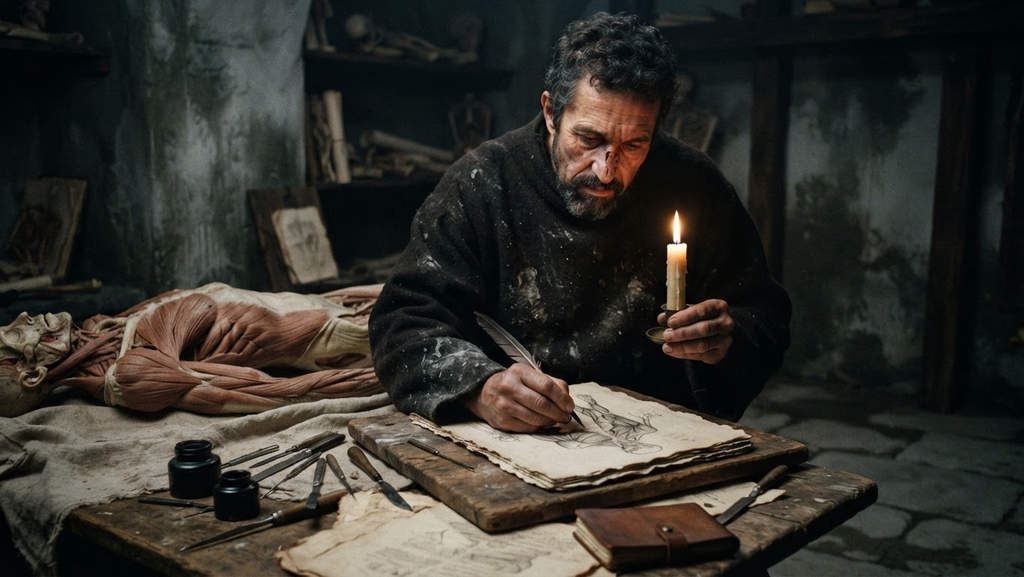 Michelangelo holds a candle in a dark room while sketching human muscle groups from a dissection.