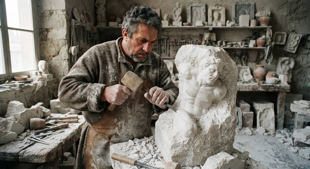 A marble captive slave figure emerges from the rough, unpolished surface of a stone block.