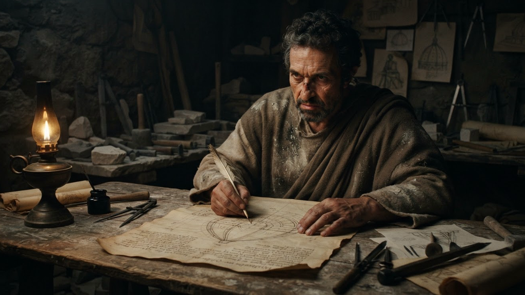 An elderly Michelangelo sits alone at night by an oil lamp, sketching architectural plans.