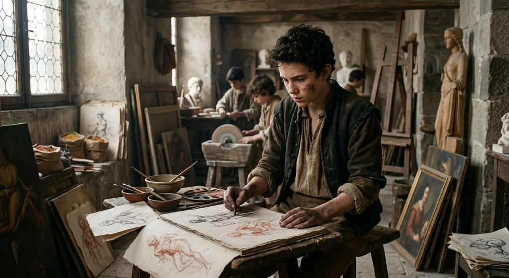 A middle-aged Michelangelo sketches figures on paper in a cluttered, dusty workshop in 1488 Florence.