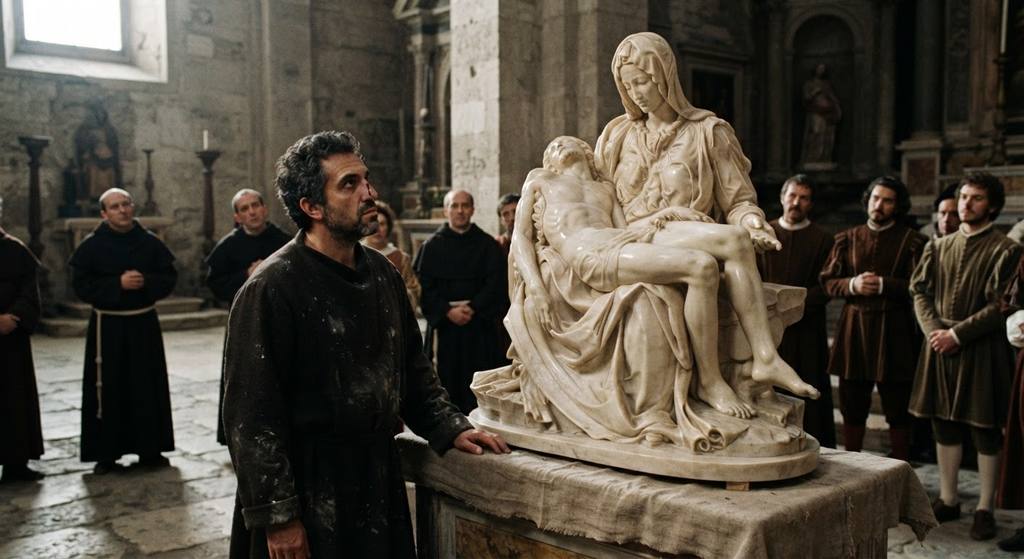 Michelangelo stands beside his finished marble Pietà sculpture in a sunlit room.