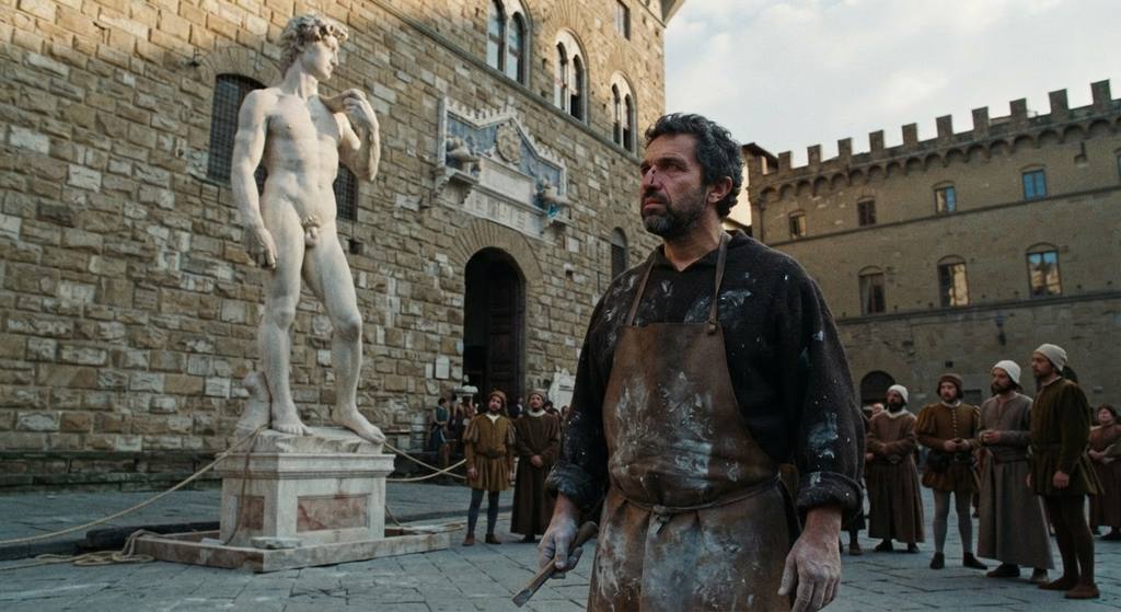 The towering marble statue of David stands before a historic stone palace in Florence.