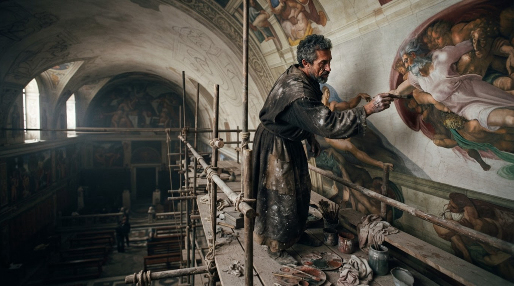 Michelangelo stands on wooden scaffolding beneath the vaulted ceiling of the Sistine Chapel.