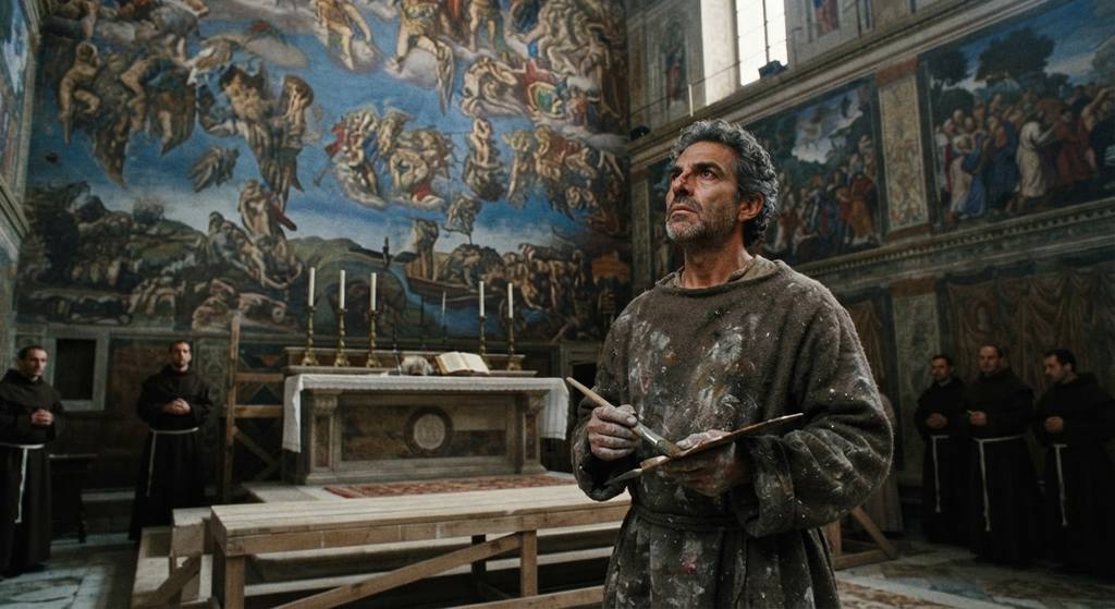A massive fresco of swirling human figures covers the wall behind a stone altar in a chapel.