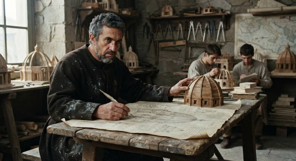 Michelangelo examines architectural parchment drawings and wooden models of a large dome.