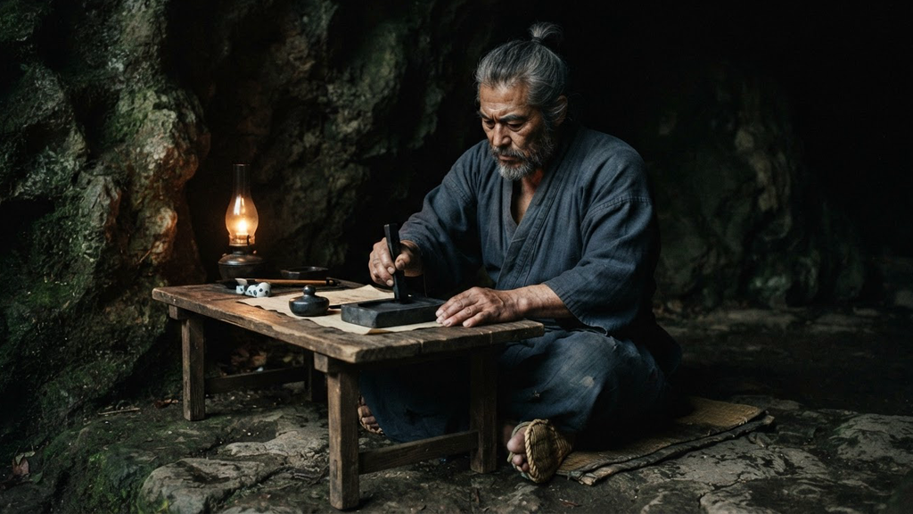 Musashi grinds ink on a stone at his low wooden desk, illuminated by the warm glow of an oil lamp in a cave.