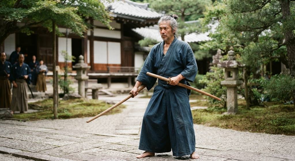 Musashi stands in a tranquil courtyard, holding two wooden practice swords in a balanced, ready stance.