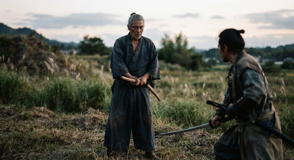 A focused samurai observes his opponent's stance in an open field as the sun sets in the background.
