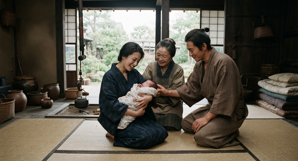 A newborn baby lies on a mat in a traditional Japanese wooden house, surrounded by family members in a rural setting.