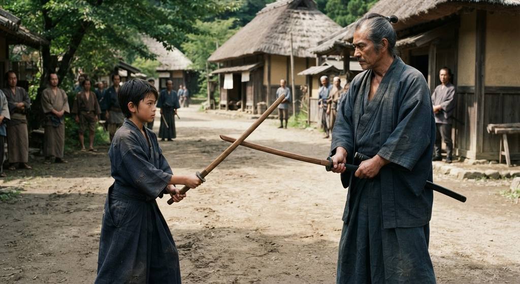 A young boy stands on a dusty rural road facing a weathered samurai holding wooden practice swords.