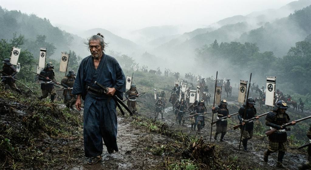 Samurai soldiers and banners move through a misty, mountainous landscape during a large-scale feudal battle.