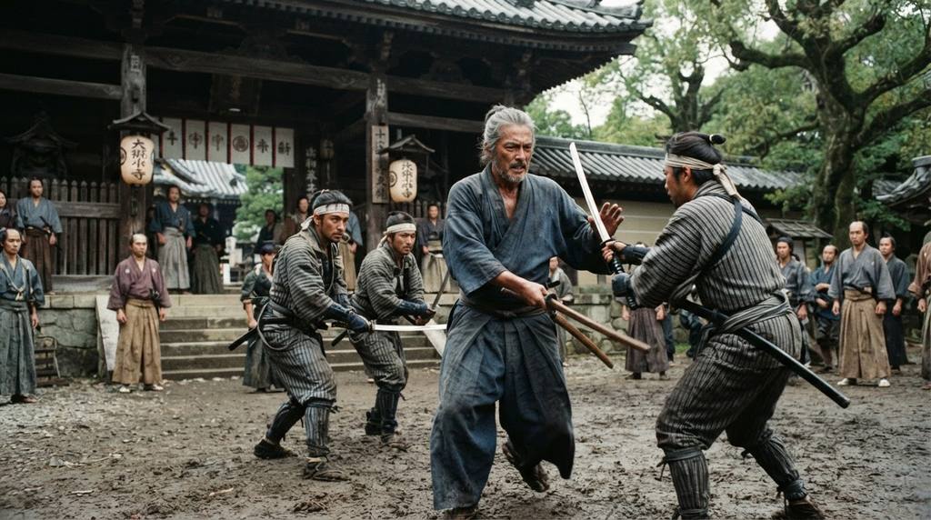 A lone swordsman in dark robes defends himself against multiple opponents outside a wooden temple gate.