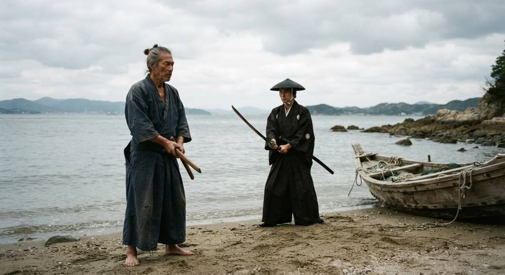 Two samurai stand on a sandy beach shore near a wooden boat under an overcast sky.
