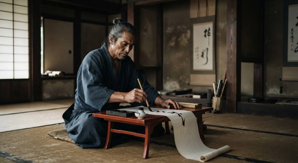 A samurai sits on tatami mats inside a castle chamber, painting with ink on a hanging scroll.