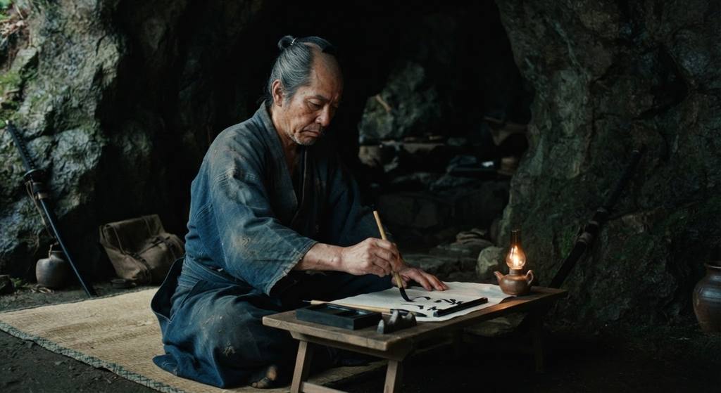 An oil lamp illuminates a quiet stone cave where a manuscript lies on the floor near writing materials.