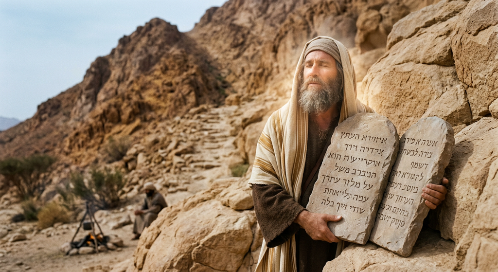 Two rough stone tablets lean against rugged rocks at the base of a desert mountain.