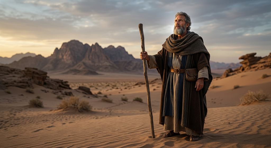 A single wooden shepherd's staff stands upright in the windblown desert sands.
